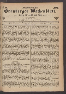 Gr&uuml;nberger Wochenblatt: Zeitung f&uuml;r Stadt und Land, No. 35. (2. Mai 1867)