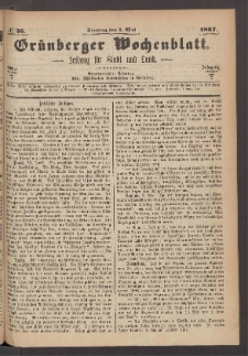 Gr&uuml;nberger Wochenblatt: Zeitung f&uuml;r Stadt und Land, No. 36. (5. Mai 1867)