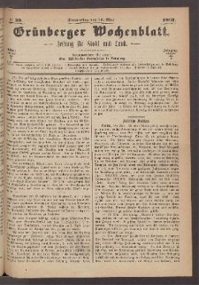Gr&uuml;nberger Wochenblatt: Zeitung f&uuml;r Stadt und Land, No. 39. (16. Mai 1867)