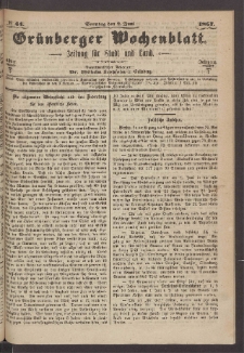 Gr&uuml;nberger Wochenblatt: Zeitung f&uuml;r Stadt und Land, No. 44. (2. Juni 1867)