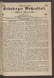Gr&uuml;nberger Wochenblatt: Zeitung f&uuml;r Stadt und Land, No. 46. (9. Juni 1867)