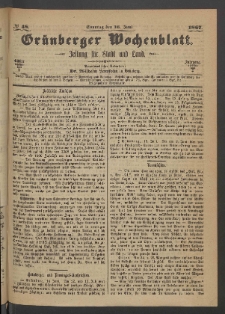 Grünberger Wochenblatt: Zeitung für Stadt und Land, No. 48. (16. Juni 1867)