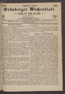 Gr&uuml;nberger Wochenblatt: Zeitung f&uuml;r Stadt und Land, No. 50. (23. Juni 1867)