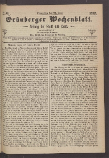 Gr&uuml;nberger Wochenblatt: Zeitung f&uuml;r Stadt und Land, No. 51. (27. Juni 1867)
