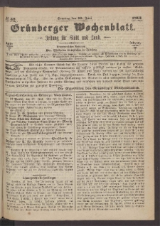 Gr&uuml;nberger Wochenblatt: Zeitung f&uuml;r Stadt und Land, No. 52. (30. Juni 1867)
