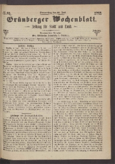 Gr&uuml;nberger Wochenblatt: Zeitung f&uuml;r Stadt und Land, No. 55. (11. Juli 1867)