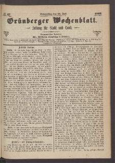 Gr&uuml;nberger Wochenblatt: Zeitung f&uuml;r Stadt und Land, No. 57. (18. Juli 1867)