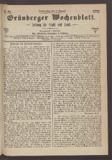 Grünberger Wochenblatt: Zeitung für Stadt und Land, No. 61. (1. August 1867)