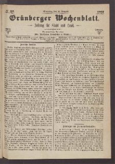 Gr&uuml;nberger Wochenblatt: Zeitung f&uuml;r Stadt und Land, No. 62. (4. August 1867)