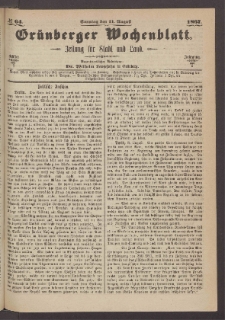 Gr&uuml;nberger Wochenblatt: Zeitung f&uuml;r Stadt und Land, No. 64. (11. August 1867)