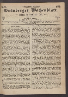 Gr&uuml;nberger Wochenblatt: Zeitung f&uuml;r Stadt und Land, No. 65. (15. August 1867)