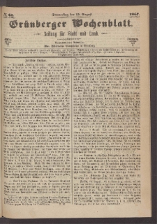 Grünberger Wochenblatt: Zeitung für Stadt und Land, No. 65. (15. August 1867)