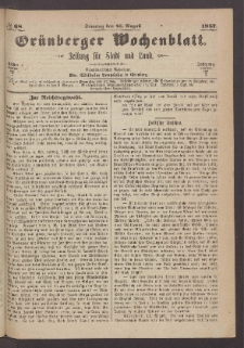 Gr&uuml;nberger Wochenblatt: Zeitung f&uuml;r Stadt und Land, No. 68. (25. August 1867)