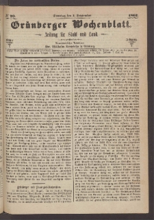 Gr&uuml;nberger Wochenblatt: Zeitung f&uuml;r Stadt und Land, No. 70. (1. September 1867)