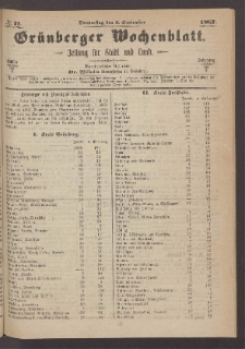 Gr&uuml;nberger Wochenblatt: Zeitung f&uuml;r Stadt und Land, No. 71. (5. September 1867)