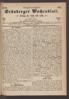 Gr&uuml;nberger Wochenblatt: Zeitung f&uuml;r Stadt und Land, No. 72. (8. September 1867)