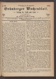 Gr&uuml;nberger Wochenblatt: Zeitung f&uuml;r Stadt und Land, No. 73. (12. September 1867)