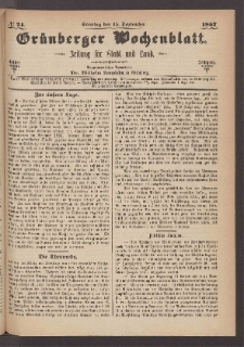 Gr&uuml;nberger Wochenblatt: Zeitung f&uuml;r Stadt und Land, No. 74. (15. September 1867)
