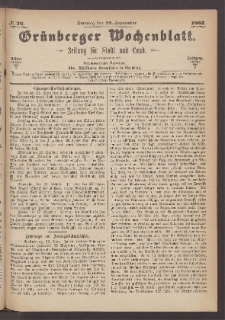 Gr&uuml;nberger Wochenblatt: Zeitung f&uuml;r Stadt und Land, No. 76. (22. September 1867)