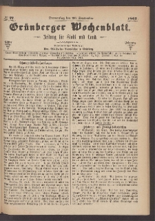 Gr&uuml;nberger Wochenblatt: Zeitung f&uuml;r Stadt und Land, No. 77. (26. September 1867)