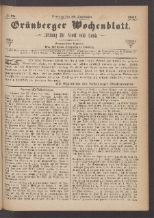 Gr&uuml;nberger Wochenblatt: Zeitung f&uuml;r Stadt und Land, No. 78. (29. September 1867)