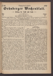 Gr&uuml;nberger Wochenblatt: Zeitung f&uuml;r Stadt und Land, No. 80. (6. October 1867)