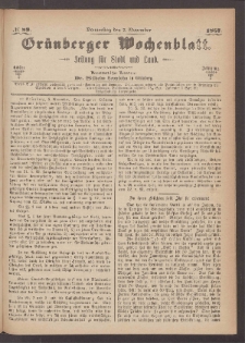 Gr&uuml;nberger Wochenblatt: Zeitung f&uuml;r Stadt und Land, No. 89. (7. November 1867)
