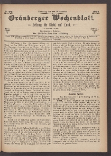 Gr&uuml;nberger Wochenblatt: Zeitung f&uuml;r Stadt und Land, No. 90. (10. November 1867)