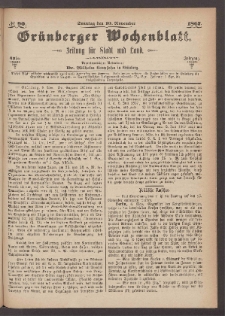Grünberger Wochenblatt: Zeitung für Stadt und Land, No. 90. (10. November 1867)