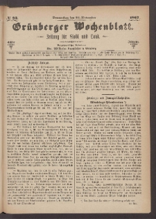 Gr&uuml;nberger Wochenblatt: Zeitung f&uuml;r Stadt und Land, No. 93. (21. November 1867)