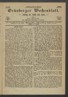 Gr&uuml;nberger Wochenblatt: Zeitung f&uuml;r Stadt und Land, No. 2. (5. Januar 1868)
