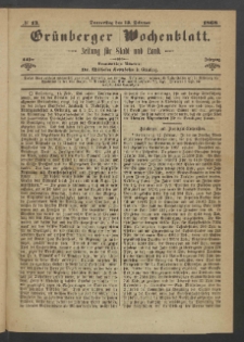 Gr&uuml;nberger Wochenblatt: Zeitung f&uuml;r Stadt und Land, No. 13. (13. Februar 1868)