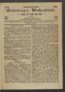 Gr&uuml;nberger Wochenblatt: Zeitung f&uuml;r Stadt und Land, No. 14. (16. Februar 1868)