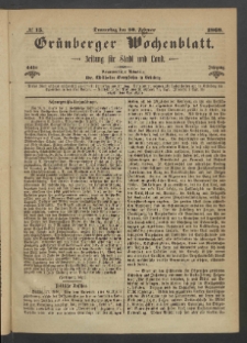 Gr&uuml;nberger Wochenblatt: Zeitung f&uuml;r Stadt und Land, No. 15. (20. Februar 1868)