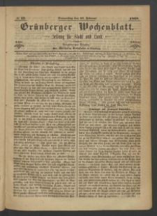 Gr&uuml;nberger Wochenblatt: Zeitung f&uuml;r Stadt und Land, No. 17. (27. Februar 1868)