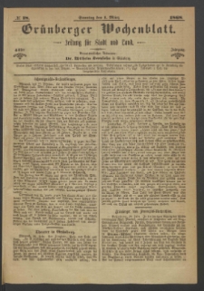 Gr&uuml;nberger Wochenblatt: Zeitung f&uuml;r Stadt und Land, No. 18. (1. M&auml;rz 1868)