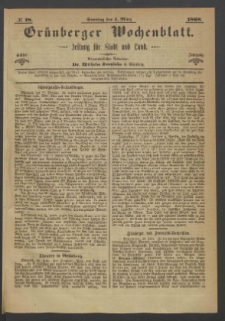 Grünberger Wochenblatt: Zeitung für Stadt und Land, No. 18. (1. März 1868)