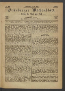 Gr&uuml;nberger Wochenblatt: Zeitung f&uuml;r Stadt und Land, No. 19. (5. M&auml;rz 1868)