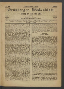 Grünberger Wochenblatt: Zeitung für Stadt und Land, No. 19. (5. März 1868)