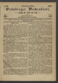 Gr&uuml;nberger Wochenblatt: Zeitung f&uuml;r Stadt und Land, No. 20. (8. M&auml;rz 1868)
