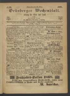 Gr&uuml;nberger Wochenblatt: Zeitung f&uuml;r Stadt und Land, No. 21. (12. M&auml;rz 1868)