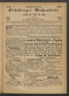Gr&uuml;nberger Wochenblatt: Zeitung f&uuml;r Stadt und Land, No. 27. (2. April 1868)