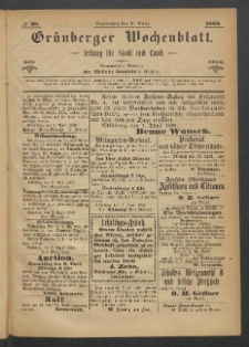 Gr&uuml;nberger Wochenblatt: Zeitung f&uuml;r Stadt und Land, No. 29. (9. April 1868)