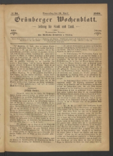 Gr&uuml;nberger Wochenblatt: Zeitung f&uuml;r Stadt und Land, No. 31. (16. April 1868)