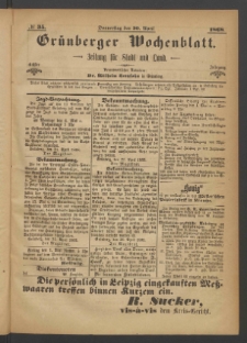 Gr&uuml;nberger Wochenblatt: Zeitung f&uuml;r Stadt und Land, No. 35. (30. April 1868)