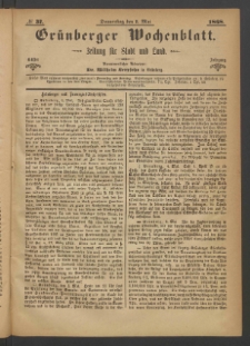 Gr&uuml;nberger Wochenblatt: Zeitung f&uuml;r Stadt und Land, No. 37. (7. Mai 1868)