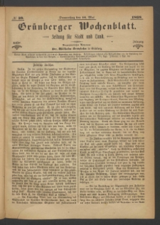 Gr&uuml;nberger Wochenblatt: Zeitung f&uuml;r Stadt und Land, No. 39. (14. Mai 1868)