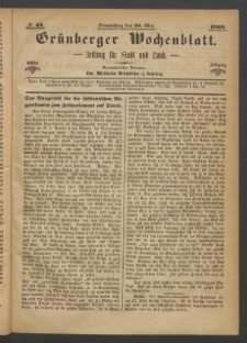 Gr&uuml;nberger Wochenblatt: Zeitung f&uuml;r Stadt und Land, No. 43. (28. Mai 1868)