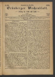 Gr&uuml;nberger Wochenblatt: Zeitung f&uuml;r Stadt und Land, No. 44. (30. Mai 1868)
