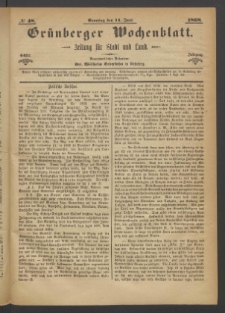Gr&uuml;nberger Wochenblatt: Zeitung f&uuml;r Stadt und Land, No. 48. (14. Juni 1868)
